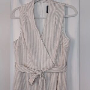 Alex Marie Cream and White Pinstripe Linen Midi Dress Size 4